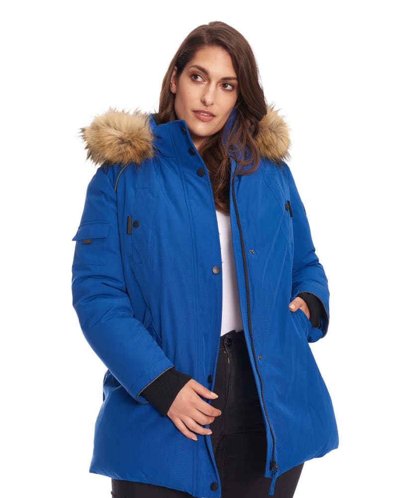 Front of a model wearing a size 2X GLACIER | Vegan Down Recycled Parka Winter Jacket in Cobalt by Alpine North. | dia_product_style_image_id:325572
